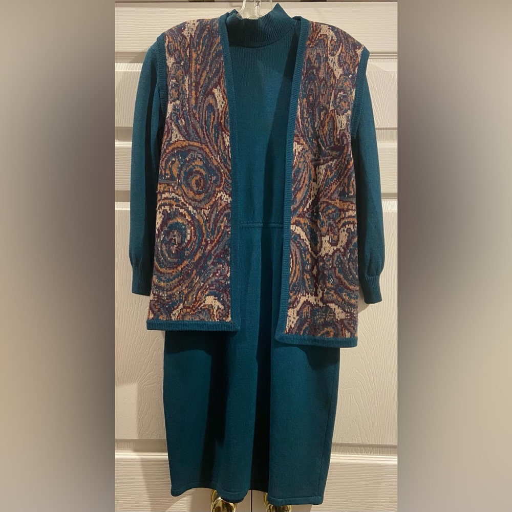 Vtg Rare St John Knit 2 Piece Mock Turtle Neck Dress With Vest EUC Sz 4